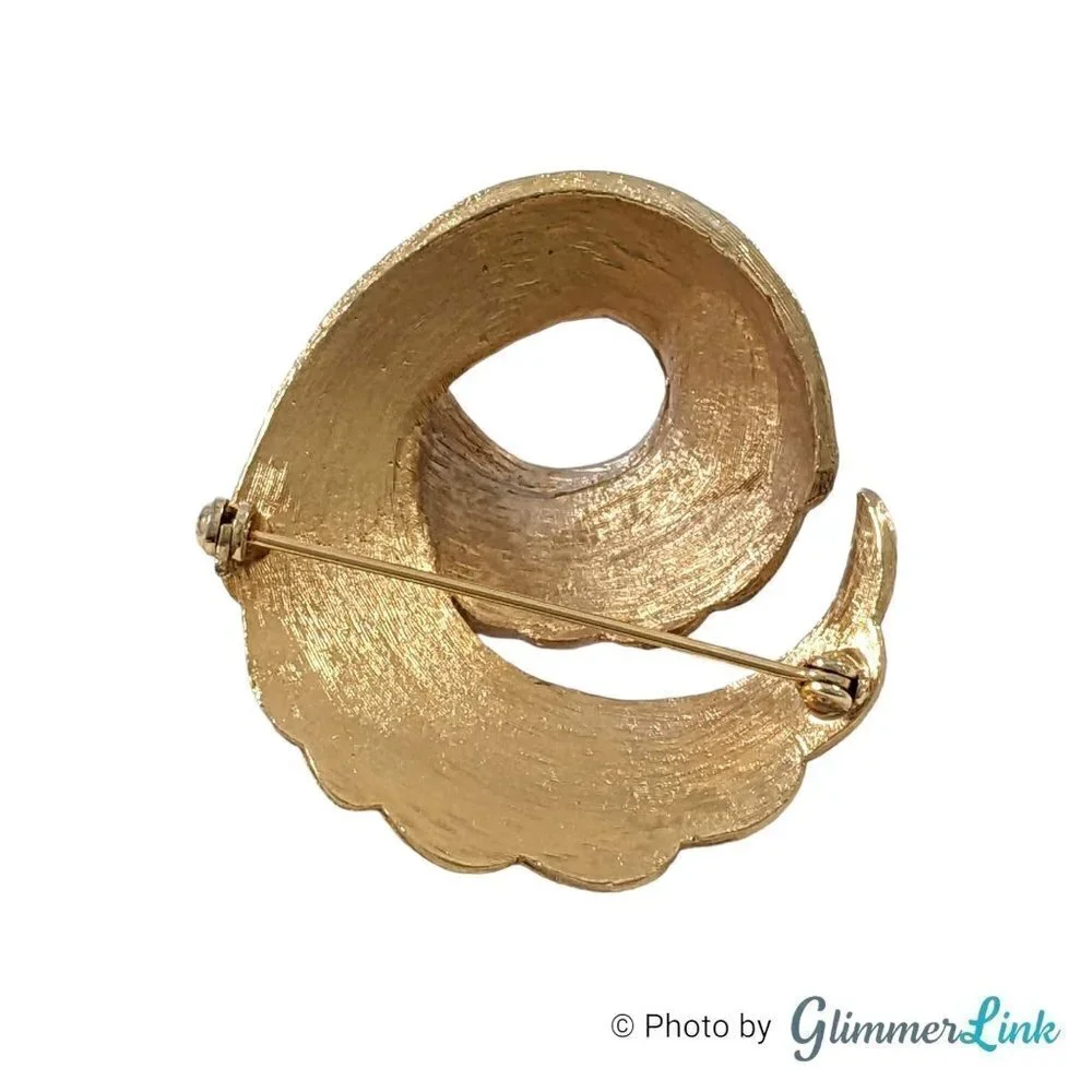 Vintage Domed Spiral White Enamel Gold Tone Brooch, Curled Wing or Leaf Pin
